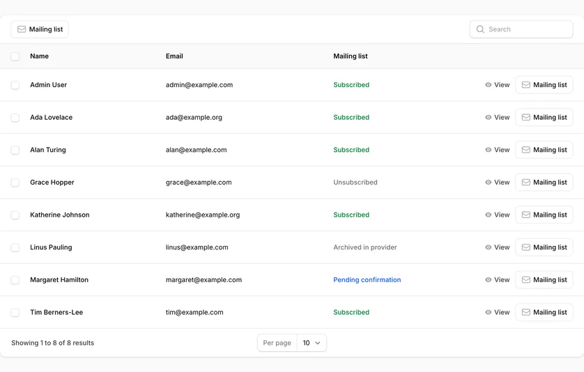 A Users table in a light Filament panel with a Mailing list bulk action button above it and Name, Email and Mailing list columns. Eight users are listed: Admin User, Ada Lovelace, Alan Turing, Katherine Johnson and Tim Berners-Lee show Subscribed in green, Grace Hopper shows Unsubscribed and Linus Pauling Archived in provider, both in gray, and Margaret Hamilton shows Pending confirmation in blue. Each row has a View link and a Mailing list action button, and the footer reads Showing 1 to 8 of 8 results.