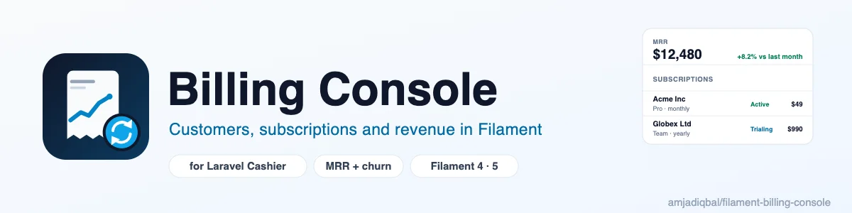 Billing Console: A free, read-only billing console for apps that bill with Laravel Cashier: customers, subscriptions, invoices and payments, with an MRR and churn summary, in Filament 4 and 5.