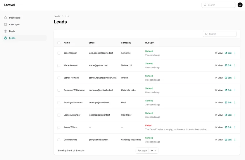 A Leads table in a light Filament panel, with Dashboard, CRM sync, Deals and Leads in the sidebar, and Name, Email, Company and HubSpot columns. Seven leads, among them Jane Cooper of Acme Inc and Guy Hawkins of Vandelay Industries, show Synced in green with a time such as 7 seconds ago underneath. Jenny Wilson, who has no email or company, shows Failed in red with the error: The "email" value is empty, so the record cannot be matched. Each row has View and Edit links and an action menu, and the footer reads Showing 1 to 8 of 8 results.
