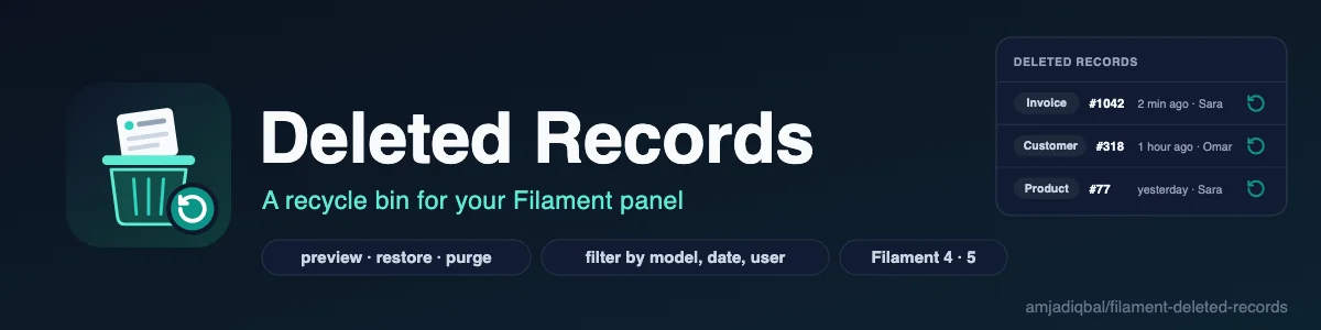 Deleted Records: Lists the records spatie/laravel-deleted-models kept when they were deleted, previews their stored attributes, and restores or permanently deletes them.