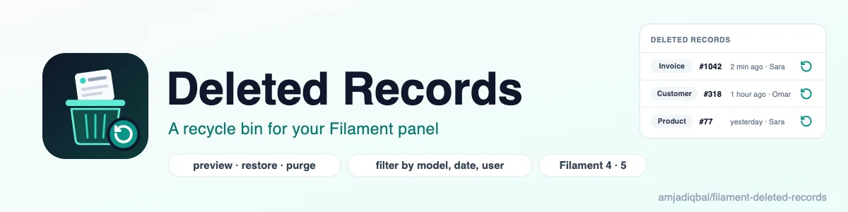Deleted Records: Lists the records spatie/laravel-deleted-models kept when they were deleted, previews their stored attributes, and restores or permanently deletes them.