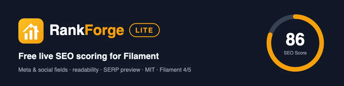 RankForge Lite: Adds meta, Open Graph and X fields to any Filament resource, scores the content for SEO and readability as you type, and previews the Google result before you publish.