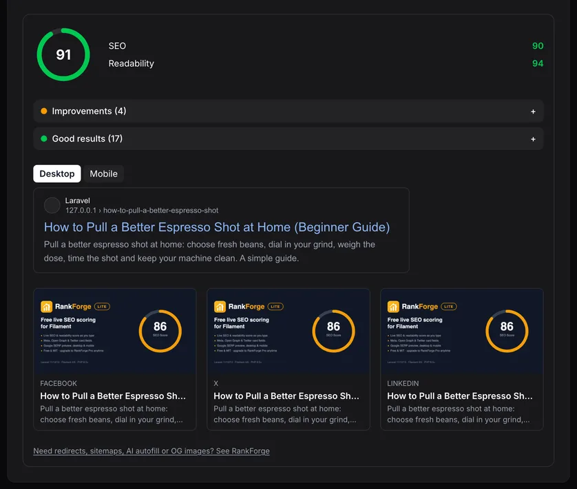The RankForge Lite analysis panel in the SEO section of an edit form in a stock Filament 5 panel: a circular overall score gauge next to SEO and readability sub-scores, the check results grouped as Failed, Improvements and Good results, a Google result preview with Desktop and Mobile tabs, and Facebook, X and LinkedIn share cards.