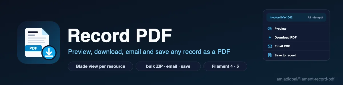 Record PDF: Preview, download, email, save or bulk-download as a ZIP any Filament 4 or 5 record as a PDF from your own Blade view, rendered with the pure-PHP dompdf driver by default, so no Chromium is needed.