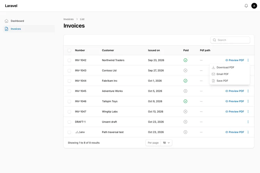 An Invoices table in a light Filament panel, with Dashboard and Invoices in the sidebar and Number, Customer, Issued on, Paid and Pdf path columns. The rows run from INV-1042 for Northwind Traders to INV-1047 for Wingtip Labs, plus a DRAFT-1 row for Unsent draft and a row numbered ../../.env labelled Path traversal test; every Pdf path is still empty. Rows have a Preview PDF link and an action menu, and the first row's menu is open with Download PDF, Email PDF and Save PDF. The DRAFT-1 row shows only the menu, without Preview PDF. The footer reads Showing 1 to 8 of 8 results.