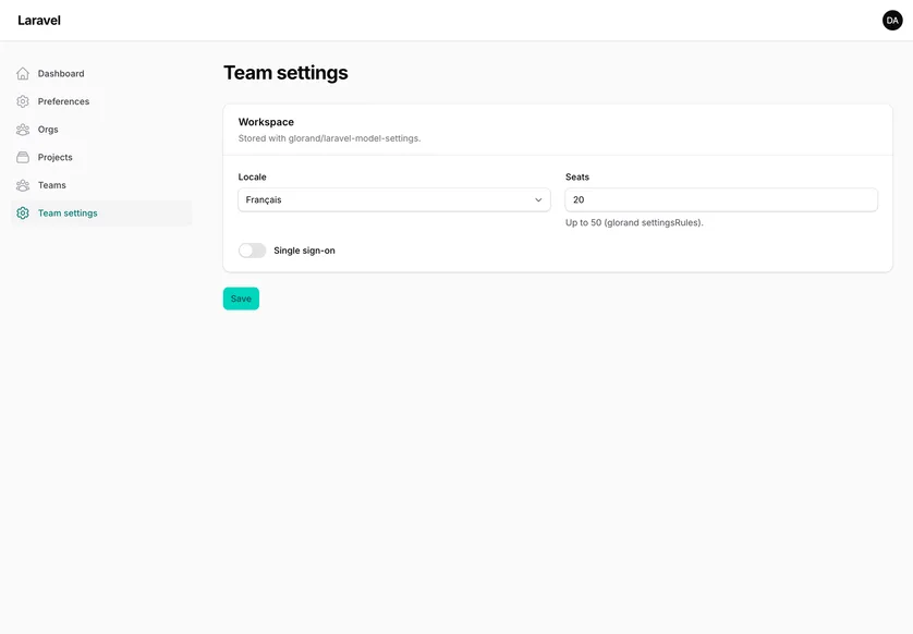 A Team settings page in a light Filament panel, with Dashboard, Preferences, Orgs, Projects, Teams and Team settings (selected) in the sidebar. A Workspace section, described as stored with glorand/laravel-model-settings, holds a Locale select set to Français, a Seats field set to 20 with the hint "Up to 50 (glorand settingsRules)", and a Single sign-on toggle that is off, with a Save button below.