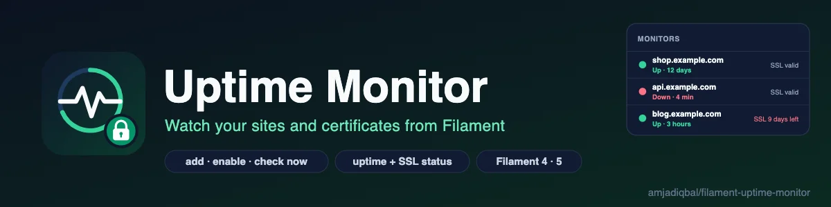 Uptime Monitor: Lists the sites spatie/laravel-uptime-monitor watches with their uptime and certificate status, and lets you add, edit, check, turn on and off and delete them from your panel.