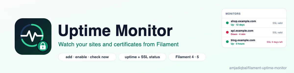 Uptime Monitor: Lists the sites spatie/laravel-uptime-monitor watches with their uptime and certificate status, and lets you add, edit, check, turn on and off and delete them from your panel.