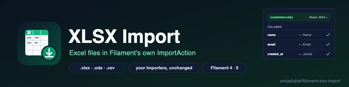 XLSX Import: A drop-in replacement for Filament's ImportAction that also reads Excel (.xlsx) and OpenDocument (.ods) workbooks, with a sheet picker, through the Importer classes you already have.