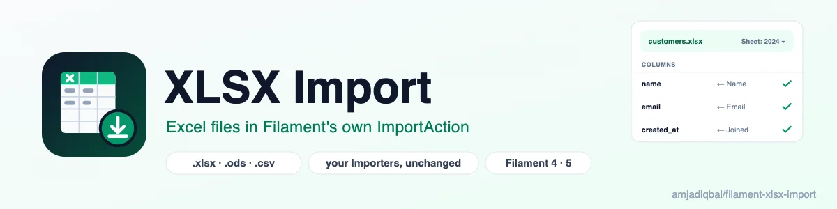 XLSX Import: A drop-in replacement for Filament's ImportAction that also reads Excel (.xlsx) and OpenDocument (.ods) workbooks, with a sheet picker, through the Importer classes you already have.