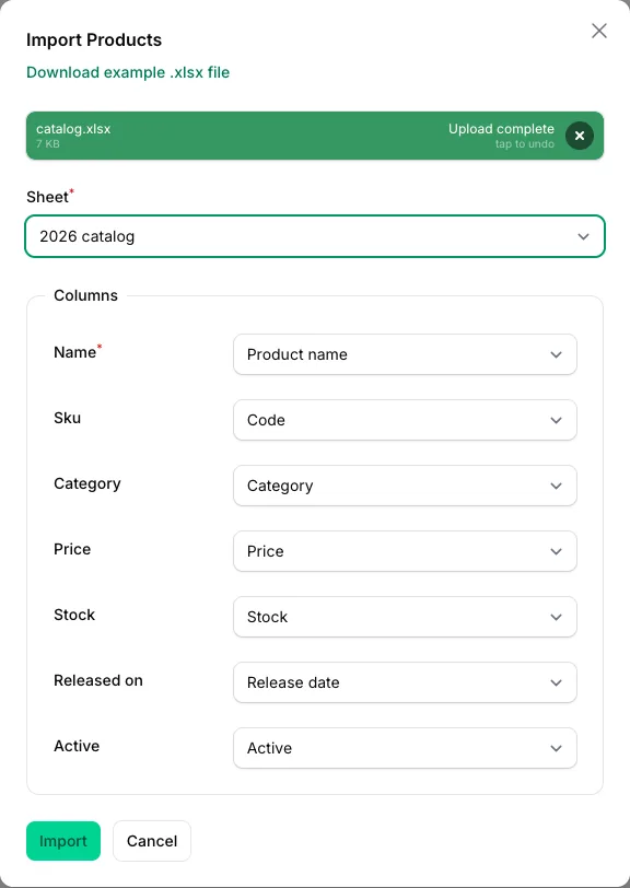 The Import Products modal in a light Filament panel: a Download example .xlsx file link under the heading, an uploaded file catalog.xlsx (7 KB) marked Upload complete, a required Sheet select set to 2026 catalog, and a Columns fieldset mapping the Importer's Name, Sku, Category, Price, Stock, Released on and Active columns to the workbook headings Product name, Code, Category, Price, Stock, Release date and Active, with Import and Cancel buttons.