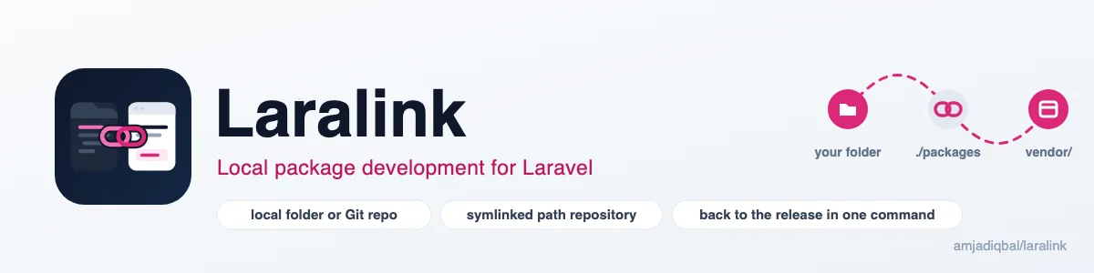 Laralink: Work on a Composer package inside the Laravel app that uses it, then switch back to the Packagist release.