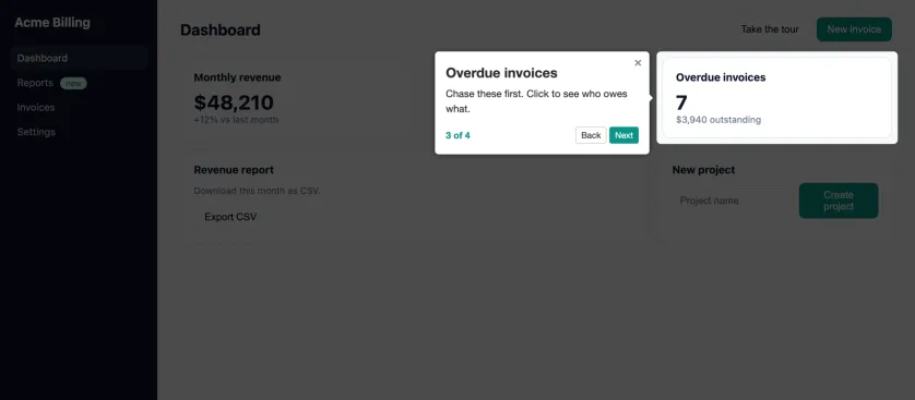 A Laravel billing dashboard dimmed behind a Driver.js tour on step 3 of 4: a popover titled Overdue invoices, with Back and Next buttons, points at the highlighted Overdue invoices card.
