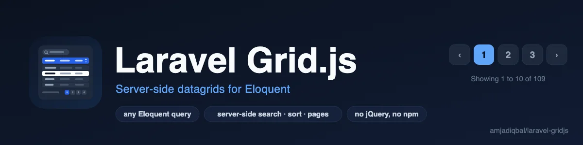 Laravel Grid.js: Turn any Eloquent query into a searchable, sortable, paginated Grid.js data table with one fluent PHP call.