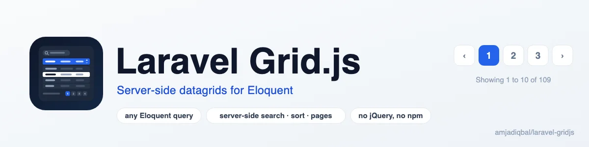 Laravel Grid.js: Turn any Eloquent query into a searchable, sortable, paginated Grid.js data table with one fluent PHP call.