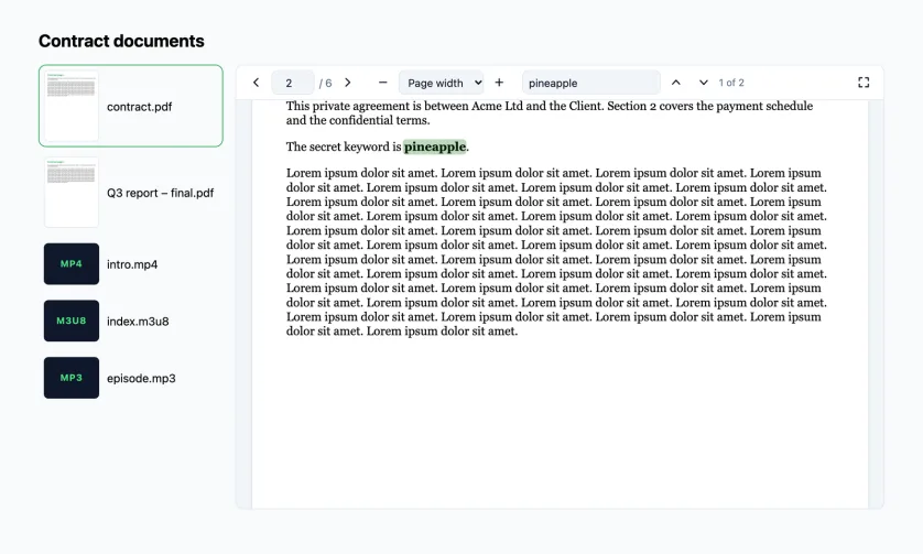 A Contract documents page: on the left, a file list with PDF thumbnails for contract.pdf and Q3 report - final.pdf and MP4, M3U8 and MP3 badges for the media files; on the right, a PDF viewer on page 2 of 6 with the word pineapple highlighted as search match 1 of 2.