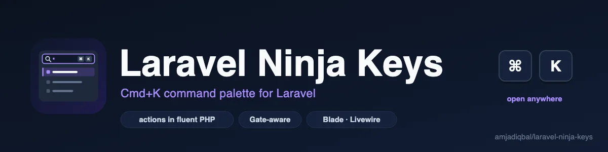 Laravel Ninja Keys: A Cmd+K / Ctrl+K command palette for Laravel, with the actions defined in PHP.