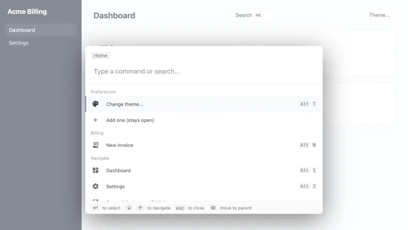 A Laravel dashboard with the command palette open over it: a search box reading Type a command or search, and actions grouped under Preferences, Billing and Navigate, each with its Alt keyboard shortcut.