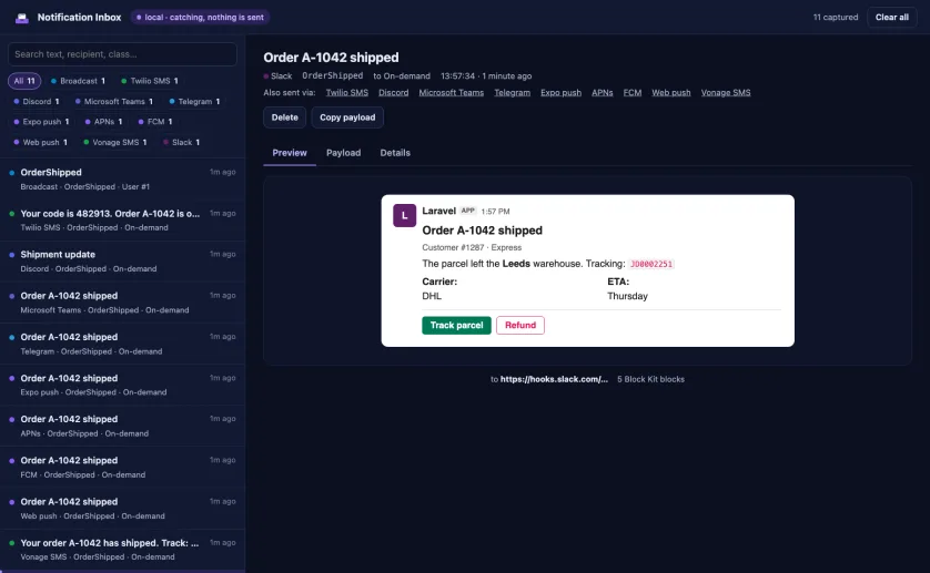 The Notification Inbox dashboard marked local, catching, nothing is sent: a list of 11 captured OrderShipped notifications on the left with filters for Broadcast, Twilio SMS, Discord, Microsoft Teams, Telegram, Expo push, APNs, FCM, Web push, Vonage SMS and Slack, and on the right a Slack message preview for Order A-1042 shipped with carrier and ETA fields and Track parcel and Refund buttons.