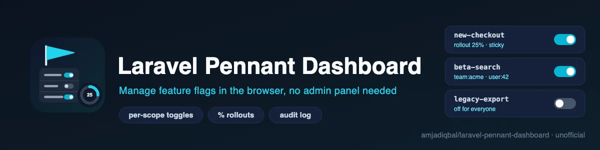 Laravel Pennant Dashboard: A browser dashboard for laravel/pennant feature flags: per-scope toggles, sticky percentage rollouts, purge and an audit log.