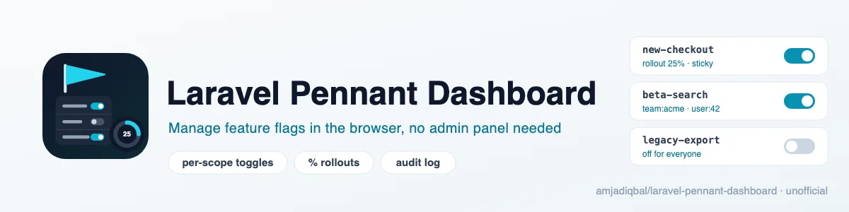 Laravel Pennant Dashboard: A browser dashboard for laravel/pennant feature flags: per-scope toggles, sticky percentage rollouts, purge and an audit log.