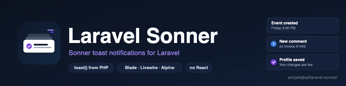 Laravel Sonner: Sonner toast notifications for Laravel, sent from PHP and shown without React.
