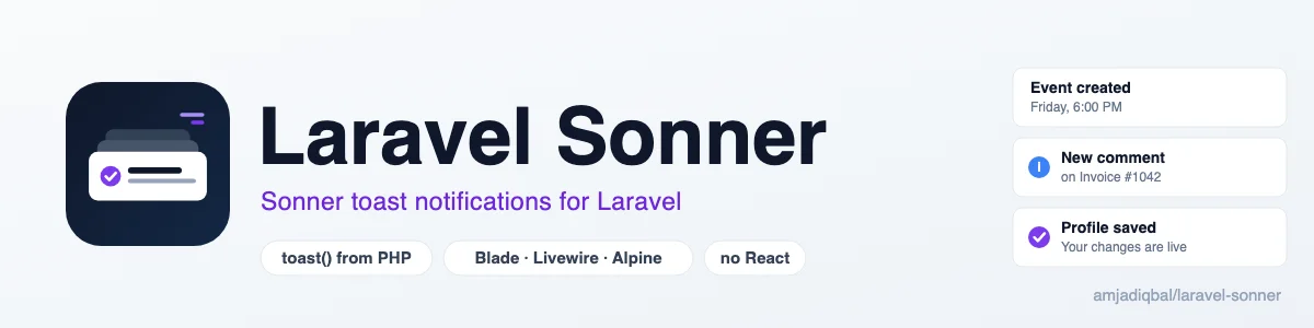 Laravel Sonner: Sonner toast notifications for Laravel, sent from PHP and shown without React.