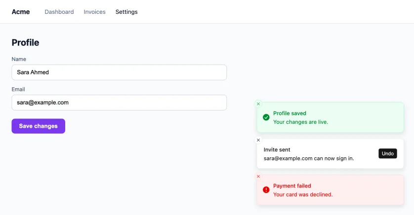 A Laravel profile settings form with three Sonner toasts stacked in the bottom-right corner: a green Profile saved toast, an Invite sent toast with an Undo button, and a red Payment failed toast.