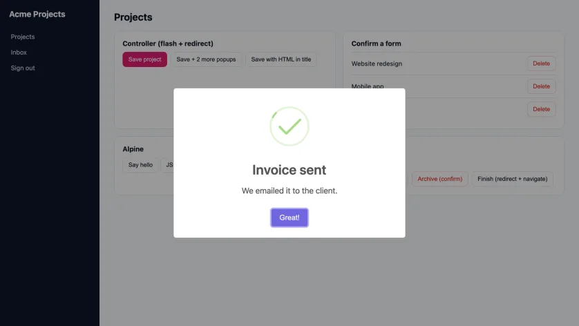 A Laravel projects page dimmed behind a SweetAlert2 success popup with a green check mark, the title Invoice sent, the text We emailed it to the client, and a Great! button.
