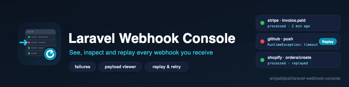 Laravel Webhook Console: A dashboard and replay tool for the webhooks spatie/laravel-webhook-client stores in your Laravel app.