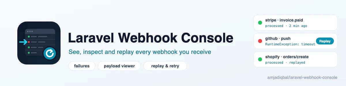 Laravel Webhook Console: A dashboard and replay tool for the webhooks spatie/laravel-webhook-client stores in your Laravel app.