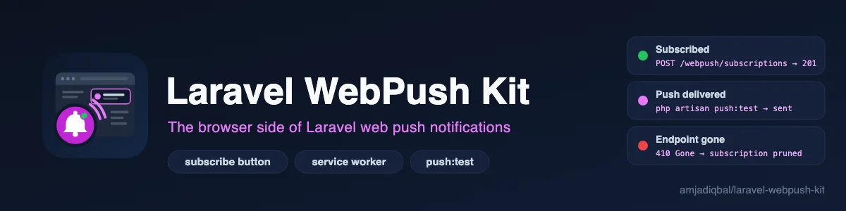 Laravel WebPush Kit: The browser side of Laravel web push: a subscribe button with a two-step permission prompt, a service worker, and routes that save each user's subscription. Tested in Chrome so far.