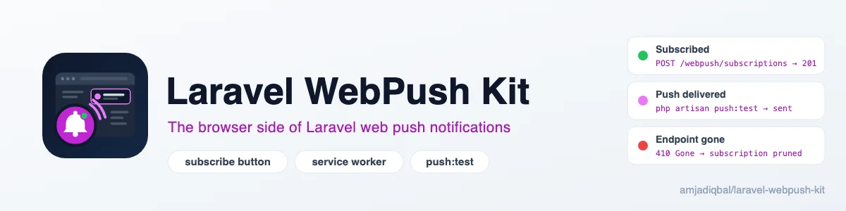 Laravel WebPush Kit: The browser side of Laravel web push: a subscribe button with a two-step permission prompt, a service worker, and routes that save each user's subscription. Tested in Chrome so far.
