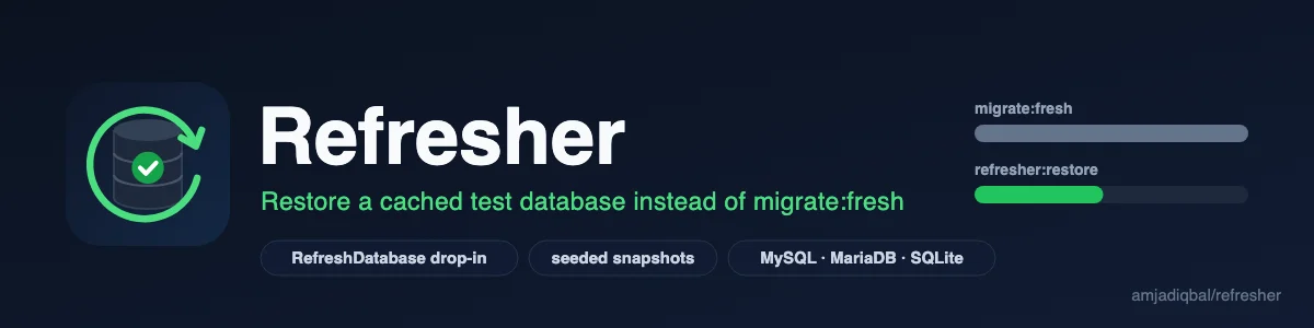 Refresher: A drop-in replacement for Laravel's RefreshDatabase that restores a cached snapshot of your test database instead of running migrate:fresh.
