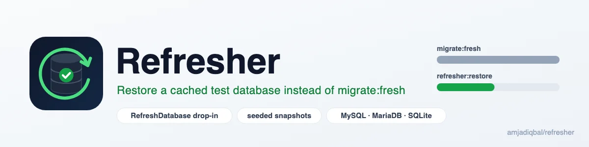 Refresher: A drop-in replacement for Laravel's RefreshDatabase that restores a cached snapshot of your test database instead of running migrate:fresh.