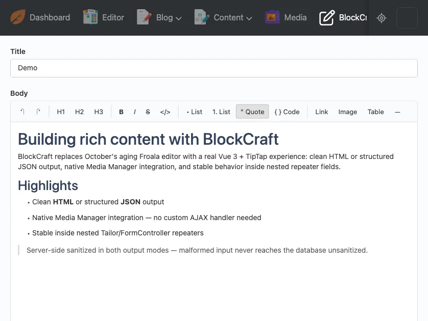 BlockCraft's TipTap editor with a heading, paragraph, bulleted list and blockquote in an October CMS backend form