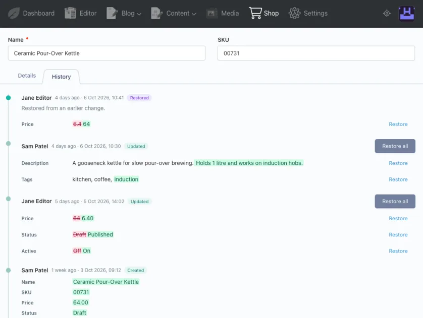 ChangeTrail's History tab on a product record: who changed each field, the diff, and Restore buttons