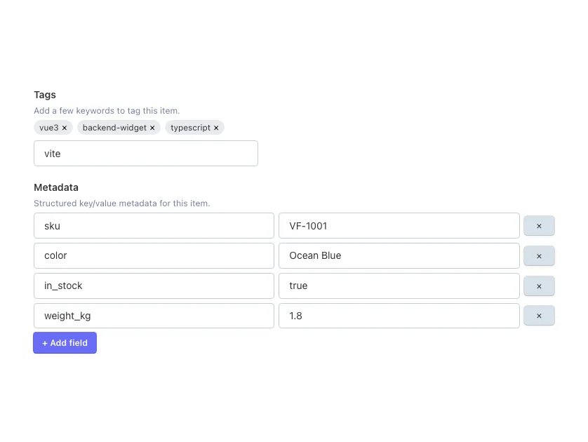 A VueForge TagInput and JsonEditor widget in an October CMS backend form