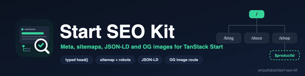Start SEO Kit: Typed SEO helpers for TanStack Start: one head() call for title, canonical, Open Graph, Twitter, robots and hreflang tags, a sitemap and robots.txt served from server routes, typed JSON-LD with Product schema, and an optional Open Graph image route.