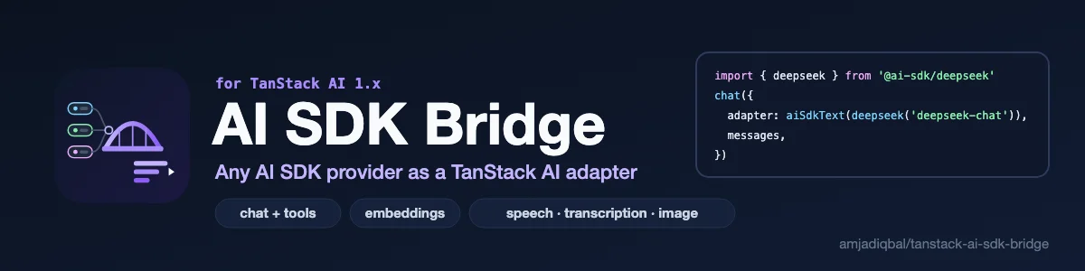 AI SDK Bridge: Use Vercel AI SDK provider models (@ai-sdk/* and community providers, provider spec v2, v3 and v4) as TanStack AI 1.x adapters for chat, embeddings, transcription, speech, image generation and rerank.